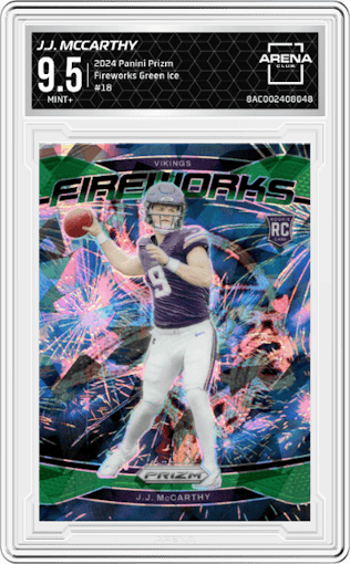 J.J. McCarthy from the 2024 Panini Prizm set featuring a Green Ice parallel graded by Arena Club and given an overall grade of 9.5.