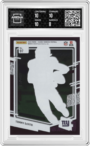 Tommy DeVito from the 2023 Clearly Donruss set featuring a Purple parallel graded by Arena Club and given an overall grade of 8.5.