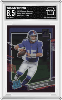 Tommy DeVito from the 2023 Clearly Donruss set featuring a Purple parallel graded by Arena Club and given an overall grade of 8.5.