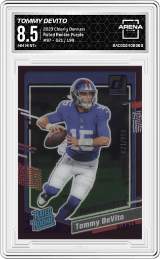 Tommy DeVito from the 2023 Clearly Donruss set featuring a Purple parallel graded by Arena Club and given an overall grade of 8.5.