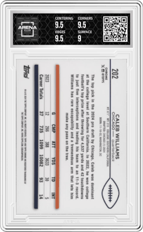 Caleb Williams from the 2024 Topps Chrome set graded by Arena Club and given an overall grade of 9.5.