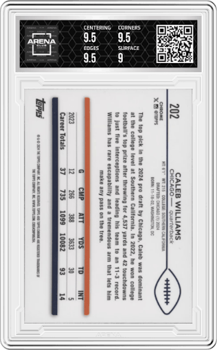Caleb Williams from the 2024 Topps Chrome set graded by Arena Club and given an overall grade of 9.5.