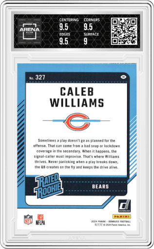 Caleb Williams from the 2024 Donruss set graded by Arena Club and given an overall grade of 9.5.
