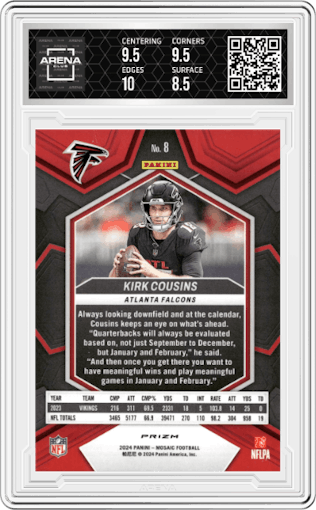 Kirk Cousins	 from the 2024 Panini Mosaic set featuring a No Huddle Silver parallel graded by Arena Club and given an overall grade of 9.