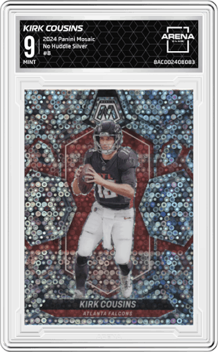 Kirk Cousins	 from the 2024 Panini Mosaic set featuring a No Huddle Silver parallel graded by Arena Club and given an overall grade of 9.