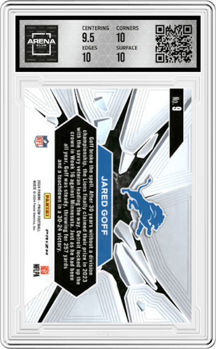 Jared Goff from the 2024 Panini Prizm set featuring a Green Ice parallel graded by Arena Club and given an overall grade of 10.