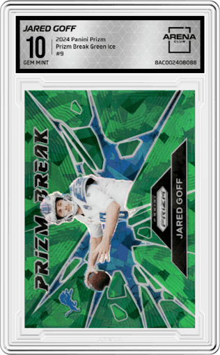 Jared Goff from the 2024 Panini Prizm set featuring a Green Ice parallel graded by Arena Club and given an overall grade of 10.