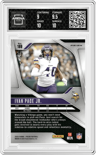 Ivan Pace Jr. from the 2024 Panini Prizm set featuring a Black & White Checker parallel graded by Arena Club and given an overall grade of 9.5.