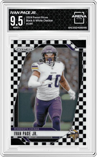 Ivan Pace Jr. from the 2024 Panini Prizm set featuring a Black & White Checker parallel graded by Arena Club and given an overall grade of 9.5.