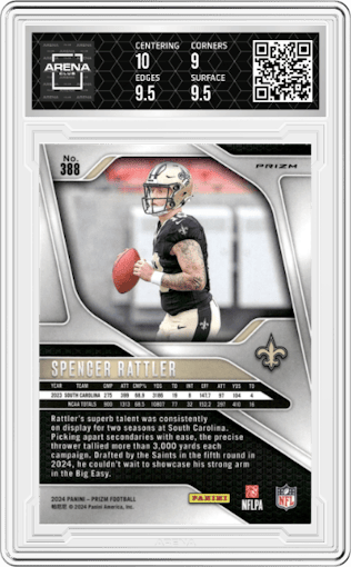 Spencer Rattler from the 2024 Panini Prizm set featuring a Green Wave parallel graded by Arena Club and given an overall grade of 9.5.