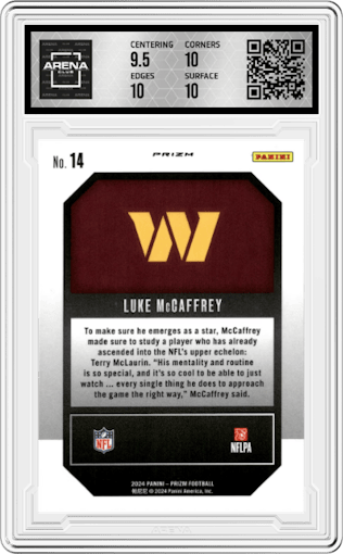 Luke McCaffrey from the 2024 Panini Prizm set featuring a Green Ice parallel graded by Arena Club and given an overall grade of 10.