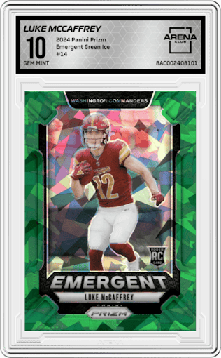 Luke McCaffrey from the 2024 Panini Prizm set featuring a Green Ice parallel graded by Arena Club and given an overall grade of 10.
