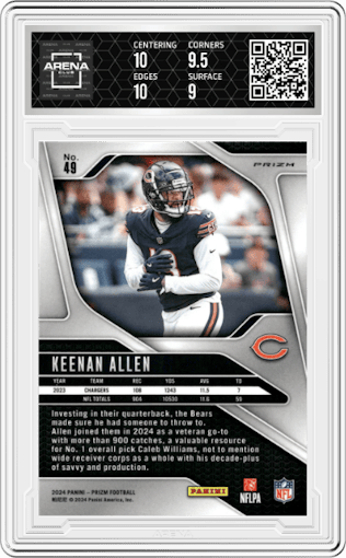 Keenan Allen from the 2024 Panini Prizm set featuring a Red White Blue Prizm parallel graded by Arena Club and given an overall grade of 9.5.
