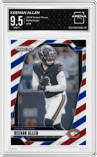 Keenan Allen from the 2024 Panini Prizm set featuring a Red White Blue Prizm parallel graded by Arena Club and given an overall grade of 9.5.