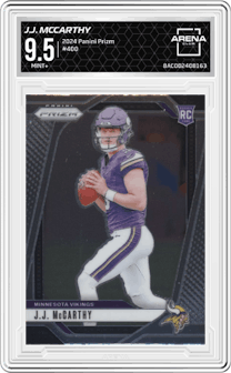 J.J. McCarthy from the 2024 Panini Prizm set graded by Arena Club and given an overall grade of 9.5.