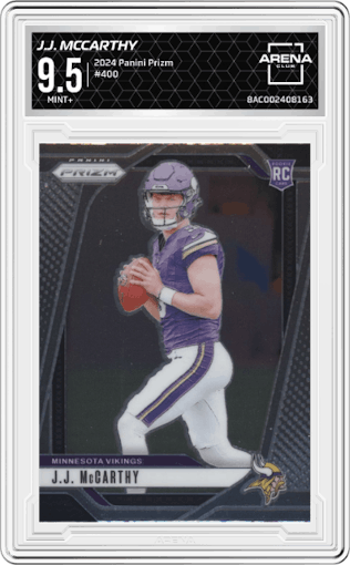J.J. McCarthy from the 2024 Panini Prizm set graded by Arena Club and given an overall grade of 9.5.