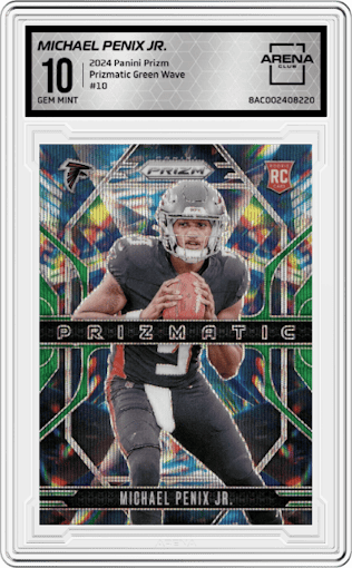 Michael Penix Jr. from the 2024 Panini Prizm set featuring a Green Wave parallel graded by Arena Club and given an overall grade of 10.