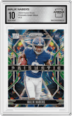 Malik Nabers from the 2024 Panini Prizm set featuring a Green Wave parallel graded by Arena Club and given an overall grade of 10.