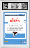 Bijan Robinson from the 2023 Donruss Optic set featuring a Hyper Blue parallel graded by Arena Club and given an overall grade of 10.