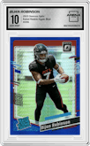 Bijan Robinson from the 2023 Donruss Optic set featuring a Hyper Blue parallel graded by Arena Club and given an overall grade of 10.