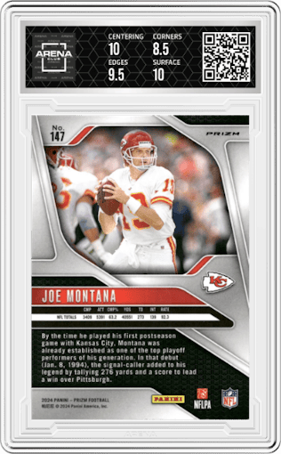 Joe Montana from the 2024 Panini Prizm set featuring a Silver Prizm parallel graded by Arena Club and given an overall grade of 9.