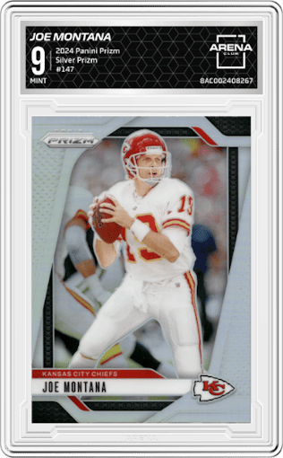Joe Montana from the 2024 Panini Prizm set featuring a Silver Prizm parallel graded by Arena Club and given an overall grade of 9.