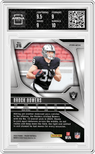 Brock Bowers from the 2024 Panini Prizm set featuring a Silver Prizm parallel graded by Arena Club and given an overall grade of 9.5.