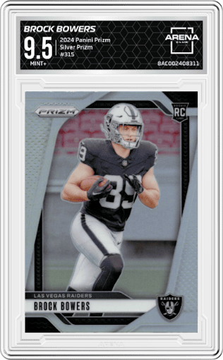 Brock Bowers from the 2024 Panini Prizm set featuring a Silver Prizm parallel graded by Arena Club and given an overall grade of 9.5.
