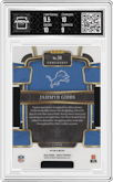Jahmyr Gibbs from the 2023 Panini Select set featuring a Die-Cut Silver  parallel graded by Arena Club and given an overall grade of 9.5.