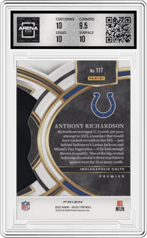  Anthony Richardson  from the 2023 Panini Select set featuring a Die-Cut Red/Blue parallel graded by Arena Club and given an overall grade of 10.