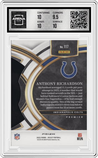  Anthony Richardson  from the 2023 Panini Select set featuring a Die-Cut Red/Blue parallel graded by Arena Club and given an overall grade of 10.