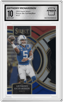  Anthony Richardson  from the 2023 Panini Select set featuring a Die-Cut Red/Blue parallel graded by Arena Club and given an overall grade of 10.