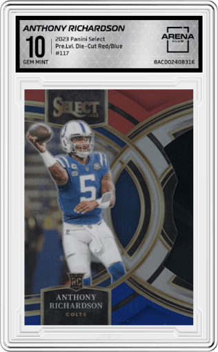  Anthony Richardson  from the 2023 Panini Select set featuring a Die-Cut Red/Blue parallel graded by Arena Club and given an overall grade of 10.