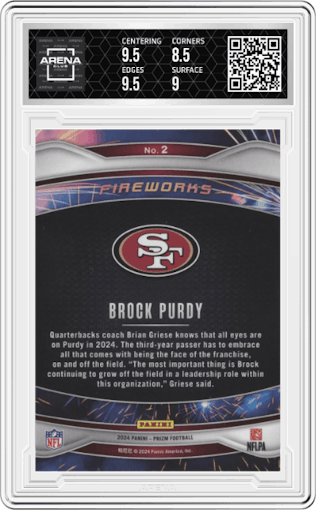 Brock Purdy from the 2024 Panini Prizm set graded by Arena Club and given an overall grade of 9.