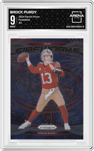 Brock Purdy from the 2024 Panini Prizm set graded by Arena Club and given an overall grade of 9.