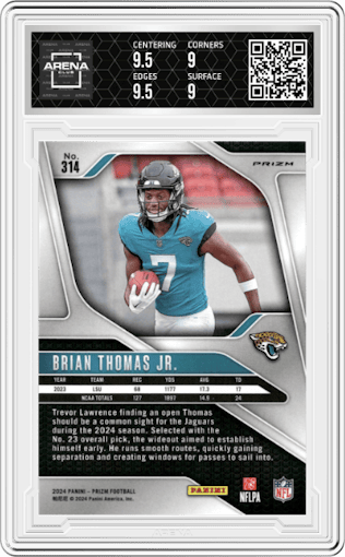 Brian Thomas Jr. from the 2024 Panini Prizm set featuring a Disco parallel graded by Arena Club and given an overall grade of 9.5.