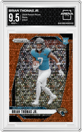 Brian Thomas Jr. from the 2024 Panini Prizm set featuring a Disco parallel graded by Arena Club and given an overall grade of 9.5.