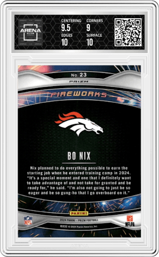 Bo Nix from the 2024 Panini Prizm set featuring a Green Wave parallel graded by Arena Club and given an overall grade of 9.5.