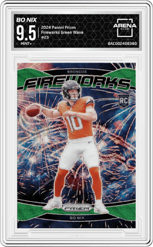 Bo Nix from the 2024 Panini Prizm set featuring a Green Wave parallel graded by Arena Club and given an overall grade of 9.5.