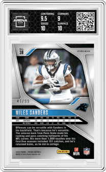 Miles Sanders from the 2024 Panini Prizm set featuring a Purple Wave  parallel graded by Arena Club and given an overall grade of 9.5.