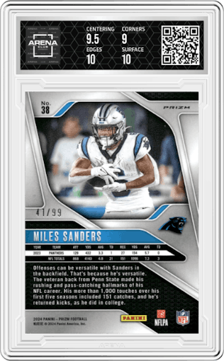 Miles Sanders from the 2024 Panini Prizm set featuring a Purple Wave  parallel graded by Arena Club and given an overall grade of 9.5.