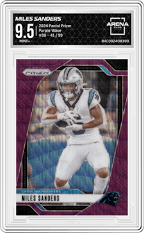 Miles Sanders from the 2024 Panini Prizm set featuring a Purple Wave  parallel graded by Arena Club and given an overall grade of 9.5.