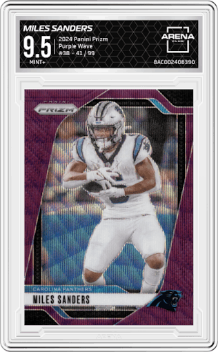 Miles Sanders from the 2024 Panini Prizm set featuring a Purple Wave  parallel graded by Arena Club and given an overall grade of 9.5.