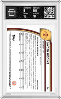 Jayden Higgins from the 2024 Bowman University Chrome set featuring a Blue Refractor parallel graded by Arena Club and given an overall grade of 9.5.