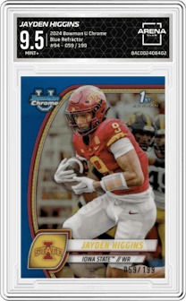 Jayden Higgins from the 2024 Bowman University Chrome set featuring a Blue Refractor parallel graded by Arena Club and given an overall grade of 9.5.