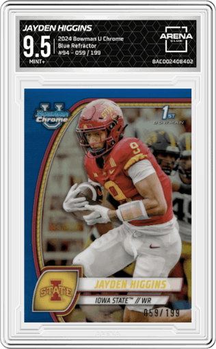 Jayden Higgins from the 2024 Bowman University Chrome set featuring a Blue Refractor parallel graded by Arena Club and given an overall grade of 9.5.