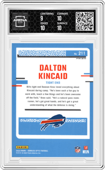 Dalton Kincaid from the 2023 Donruss Optic set featuring a Blue Scope parallel graded by Arena Club and given an overall grade of 9.5.