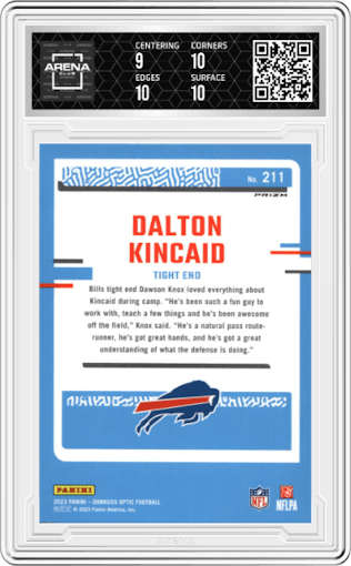 Dalton Kincaid from the 2023 Donruss Optic set featuring a Blue Scope parallel graded by Arena Club and given an overall grade of 9.5.