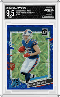 Dalton Kincaid from the 2023 Donruss Optic set featuring a Blue Scope parallel graded by Arena Club and given an overall grade of 9.5.