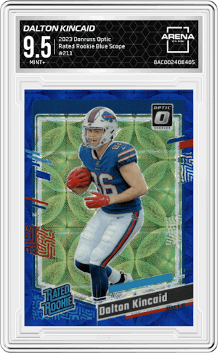Dalton Kincaid from the 2023 Donruss Optic set featuring a Blue Scope parallel graded by Arena Club and given an overall grade of 9.5.